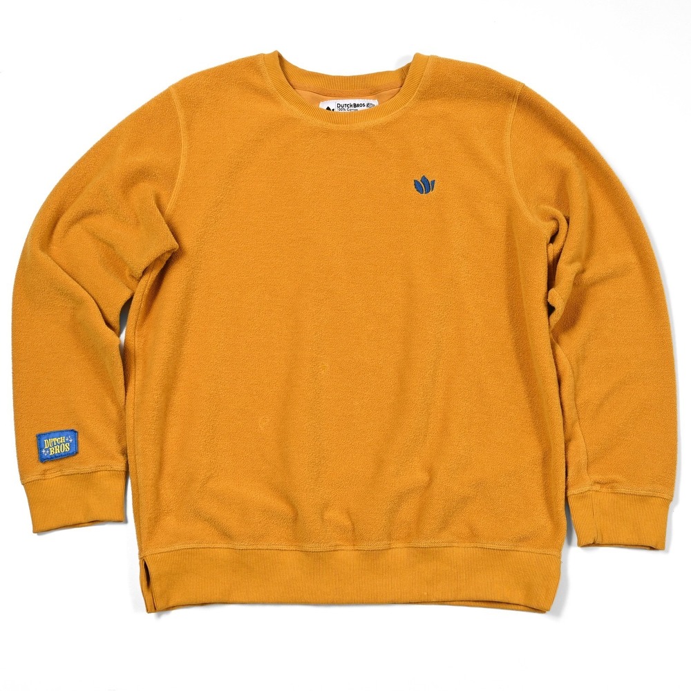 Dutch Bros Coffee Sweater Unisex XL Yellow Sweatshirt Fleece Logo Crew Neck